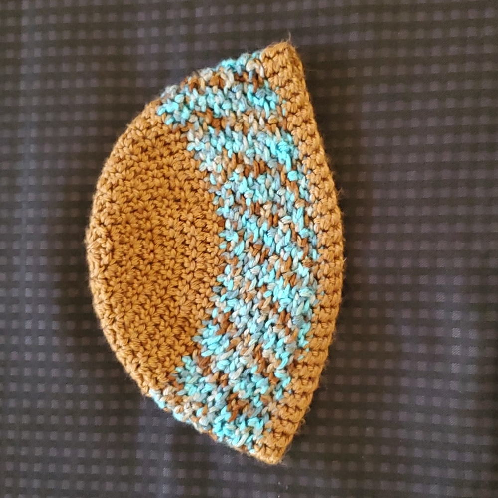 Handmade, crocheted, beanie, brown & blue, unisex, hat, one size fits most - Picture 3 of 6